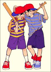 Rule 34 | 2boys, backpack, bag, baseball bat, baseball cap, black border, black hair, blue footwear, blue shorts, border, full body, grin, hair between eyes, hat, highres, holding, holding baseball bat, kwsby 124, male focus, mother (game), mother 1, mother 2, multiple boys, ness (mother 2), ninten, nintendo, one eye closed, open mouth, red footwear, red hat, red socks, shirt, shoes, short sleeves, shorts, sideways hat, simple background, smile, sneakers, socks, standing, striped clothes, striped shirt, teeth, upper teeth only, white socks, yellow background