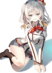 Rule 34 | 10s, 1girl, bad id, bad pixiv id, beret, blue eyes, blue skirt, blush, bow, collared shirt, double-breasted, epaulettes, frilled sleeves, frills, hat, hat bow, highres, kantai collection, kashima (kancolle), legs, long sleeves, miniskirt, okotoburi, pleated skirt, red ribbon, ribbon, shirt, silver hair, simple background, skirt, smile, solo, thighs, twintails, uniform, wavy hair, white background