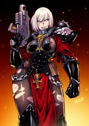 Rule 34 | .75 calibre bolt, 1girl, adepta sororitas, ammunition, anti-materiel cartridge, armor, blood, blood on face, bolt (warhammer 40k), bolt pistol, bolter, breasts, chain, commentary, cuts, embers, english commentary, fleur-de-lis, frown, gun, high-explosive cartridge, highres, holding, holding gun, holding weapon, injury, leggings, looking to the side, pauldrons, pouch, power armor, revealing clothes, rocket-assisted projectile, rosary, ryuusei (mark ii), scar, scar across eye, scar on face, shoulder armor, sideboob, signature, skull, solo, torn clothes, torn legwear, warhammer 40k, weapon, white hair, window magazine