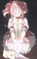 Rule 34 | absurdres, black background, blush, bow, choker, closed eyes, closed mouth, collarbone, commentary, commeowdore, crack, cracked floor, dress, english commentary, facing viewer, gem, gloves, glowing gem, gradient background, hair bow, highres, holding, holding gem, kaname madoka, kaname madoka (magical girl), kneehighs, magical girl, mahou shoujo madoka magica, mahou shoujo madoka magica (anime), pink bow, pink choker, pink dress, pink gemstone, pink hair, short hair, short twintails, simple background, sitting, smile, socks, soul gem, twintails, two-tone dress, white dress, white gloves, white socks, yokozuwari