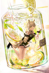 Rule 34 | 1girl, absurdres, animal ears, arknights, bare shoulders, cat ears, choker, floating, food, fruit, full body, glass container, green eyes, grey hair, highres, huge filesize, in container, in jar, kal&#039;tsit (arknights), lime (fruit), looking at viewer, material growth, mini person, minigirl, oripathy lesion (arknights), solo, yuan long
