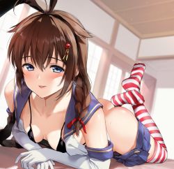 Rule 34 | 1girl, ahoge, ass, bikini, bikini top only, black bikini, black hair, blue eyes, braid, breasts, brown hair, butt crack, clothes pull, commentary request, cosplay, crop top, elbow gloves, gloves, hair flaps, hair ornament, hair over shoulder, kantai collection, lying, microskirt, miniskirt, no panties, no shoes, on bed, on stomach, sailor collar, shigure (kancolle), shimakaze (kancolle), shimakaze (kancolle) (cosplay), single braid, skirt, skirt pull, striped clothes, striped thighhighs, swimsuit, thighhighs, tongue, tongue out, umakuchi shouyu, wall, white gloves, window