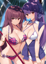 Rule 34 | 1girl, 2girls, absurdres, bare shoulders, bikini, bracelet, breasts, bridal garter, cleavage, collarbone, eating, fate/grand order, fate (series), flower, food, gae bolg (fate), hair between eyes, hair flower, hair ornament, hibiscus, highres, jewelry, large breasts, long hair, looking at viewer, multiple girls, navel, palm tree, polearm, ponytail, popsicle, purple bikini, purple hair, purple vest, red eyes, scathach (fate), scathach (fate/grand order), scathach (swimsuit assassin) (fate), scathach skadi (fate), smile, spear, suiroh (shideoukami), swimsuit, thighs, tree, vest, weapon, white bikini