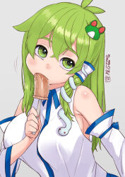Rule 34 | 1girl, antenna hair, blue bow, blush, body blush, bow, breasts, collared shirt, commentary request, crossed bangs, dated, detached sleeves, dildo, fellatio, frog hair ornament, green eyes, green hair, grey background, hair between eyes, hair ornament, holding, holding sex toy, kei jiei, kochiya sanae, large breasts, long hair, looking at viewer, open mouth, oral, saliva, sex toy, shiny skin, shirt, sideboob, sidelocks, simple background, single hair tube, sleeve bow, sleeveless, sleeveless shirt, snake hair ornament, solo, touhou, upper body, white shirt, white sleeves