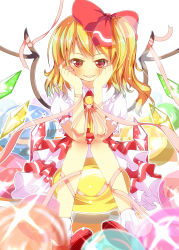 Rule 34 | 1girl, arm support, ascot, ball, blonde hair, dress, embellished costume, fangs, female focus, flandre scarlet, hair ribbon, highres, leg ribbon, looking at viewer, no headwear, no headwear, red dress, red eyes, red footwear, ribbon, shirt, shoes, short sleeves, side ponytail, sitting, sitting on object, smirk, solo, touhou, wing ribbon, wings, wrist ribbon, yuimari