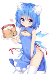 Rule 34 | 1girl, alternate costume, alternate hairstyle, alternate headwear, bamboo steamer, baozi, between legs, blue dress, blue eyes, blue hair, blush, breasts, china dress, chinese clothes, cirno, cleavage cutout, clothing cutout, contrapposto, cowboy shot, double bun, dress, expressionless, food, hair between eyes, hair bun, hand between legs, heart, highres, holding, holding tray, impossible clothes, impossible dress, light blush, looking at viewer, navel, no panties, sabana, short hair, simple background, skirt hold, small breasts, solo, standing, thighhighs, touhou, tray, white background, white thighhighs, wings