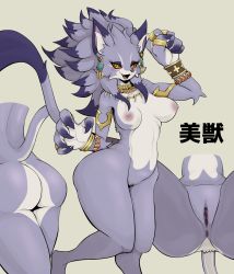 Rule 34 | 1girl, alternate form, animal ears, anus, armlet, ass, bracelet, breasts, breasts apart, cat ears, cat girl, cat tail, claws, clitoral hood, colored sclera, earrings, eyelashes, fangs, furry, highres, isabella (seiken densetsu 3), jewelry, looking at viewer, medium breasts, multicolored hair, necklace, nipples, nude, open mouth, purple fur, purple hair, pussy, red sclera, ring, san ruishin, seiken densetsu, seiken densetsu 3, simple background, slit pupils, smile, spread legs, streaked hair, tail, thick thighs, thighs, two-tone hair, uncensored, wide hips, yellow eyes