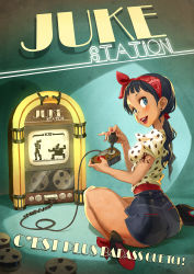 Rule 34 | 1girl, ass, black hair, blue eyes, controller, earrings, fighting game, film reel, french text, game console, hairband, high heels, highres, jewelry, joystick, jukebox, lips, long hair, looking at viewer, looking back, low twintails, nail polish, on floor, original, playing games, polka dot, shoes, sitting, smile, solo, stud earrings, tattoo, thighhighs, twintails, video game, xaxaxa
