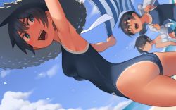 Rule 34 | 3girls, arena (company), armpits, back, beach, black hair, blue background, blue eyes, blue one-piece swimsuit, blue sky, blurry, camisole, camisole lift, clothes lift, cloud, commentary request, competition school swimsuit, cowboy shot, day, depth of field, dutch angle, fisheye, from side, full body, glasses, hair between eyes, hat, kantai collection, kuronami (lvi), looking at viewer, lvi, multiple girls, murasame (lvi), one-piece swimsuit, one-piece tan, original, outdoors, parted bangs, red background, school swimsuit, short hair, sideways, simple background, sky, standing, straw hat, striped towel, suzukaze (lvi), swimsuit, symbol-shaped pupils, tan, tanline, teeth, thighs, upper teeth only
