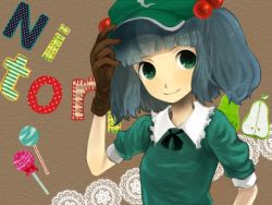 Rule 34 | 1girl, bad id, bad pixiv id, blue hair, blush, bow, candy, character name, eiri (gb-delta), female focus, food, green eyes, hair bobbles, hair ornament, hand on own head, hat, kawashiro nitori, lollipop, short hair, smile, solo, souseki556, touhou, twintails, two side up