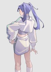 Rule 34 | 1girl, absurdres, back, commentary, earrings, facing away, from behind, grey background, grey undershirt, hair tie, hand on own hip, highres, hoop earrings, jacket, jewelry, midriff, midriff peek, original, outstretched hand, ozorano megane, purple hair, ring, shirt, simple background, skirt, socks, solo, striped clothes, striped jacket, thighs, turtleneck, twintails, undershirt, white shirt, white socks