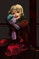 Rule 34 | 1girl, blonde hair, cape, child, commentary request, drag-on dragoon, drag-on dragoon 1, dress, gloves, holding, manah, open mouth, red dress, red eyes, sasatsuki, short hair, smile, solo, stuffed toy