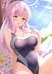 Rule 34 | 1girl, black one-piece swimsuit, blue archive, blue sky, blush, breasts, cleavage, cloud, commentary request, competition swimsuit, covered navel, crescent, day, feathered wings, halo, hand up, highres, large breasts, long hair, looking at viewer, low wings, mika (blue archive), one-piece swimsuit, open mouth, outdoors, pink hair, ponytail, sky, solo, strap pull, swimsuit, very long hair, white wings, wings, xenon (for achieve), yellow eyes