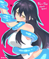 Rule 34 | 1girl, bare arms, black hair, breasts, commission, embarrassed, large breasts, long hair, looking to the side, ooshio7734, original, restrained, shirt, skeb commission, sleeveless, sleeveless shirt, solo, sweatdrop, tentacles, upper body, white shirt, yellow eyes