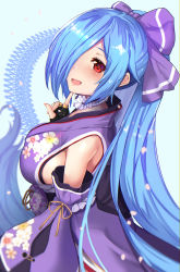 Rule 34 | .live, 1girl, black gloves, blue hair, blush, bow, breasts, collar, detached sleeves, fingerless gloves, frilled collar, frills, from side, gloves, hair bow, hair over one eye, high ponytail, highres, index finger raised, japanese clothes, kimono, large breasts, long hair, looking at viewer, obi, open mouth, ponytail, purple bow, purple kimono, red eyes, sash, sideboob, simple background, smile, solo, untue, upper body, very long hair, virtual youtuber, yamato iori