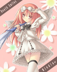 Rule 34 | 1girl, bow, cave, cave (developer), deathsmiles, dress, flower, goth fashion, hair bow, panties, ryo (botugo), skirt, solo, striped clothes, striped panties, thighhighs, underwear, white dress, white skirt, windia (deathsmiles), wings, zettai ryouiki
