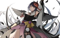Rule 34 | 1girl, aaaansy, arm up, black hair, black wings, bow (weapon), breasts, commentary, detached sleeves, english commentary, feathered wings, feathers, genshin impact, gloves, hair ornament, highres, holding, holding bow (weapon), holding weapon, japanese clothes, kujou sara, large breasts, looking at viewer, mask, mask on head, open mouth, parted lips, short hair, simple background, solo, tassel, tengu mask, vision (genshin impact), weapon, white background, wings, yellow eyes