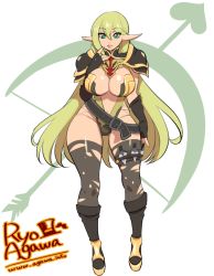 Rule 34 | 1girl, agawa ryou, arrow (projectile), artist name, bad id, bad tumblr id, blonde hair, boots, bow (weapon), breasts, cleavage, female focus, fingerless gloves, gloves, green eyes, large breasts, long hair, looking at viewer, pointy ears, simple background, solo, thick thighs, thighs, very long hair, watermark, weapon, web address, white background