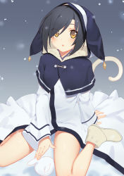 Rule 34 | 1girl, :o, absurdres, animal ears, arm support, bad id, bad pixiv id, black hair, boots, capelet, eyes visible through hair, hair over one eye, highres, hood, hooded capelet, icarus (artist), japanese clothes, kuon (utawarerumono), legs, long hair, looking up, open mouth, sitting, snow rabbit, snowing, solo, tail, utawarerumono, utawarerumono: itsuwari no kamen, wariza, yellow eyes