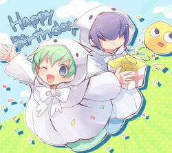 Rule 34 | 1boy, 1girl, aqua hair, blue eyes, blue hair, blue sky, bow, box, cloud, ghost, ghost tail, gift, gift box, green background, green hair, hair over eyes, happy birthday, holding, holding gift, looking at viewer, open mouth, outdoors, polka dot, polka dot background, purple hair, puyopuyo, puyopuyo fever, rei (puyopuyo), shawl, sky, smile, spring (object), white bow, xox xxxxxx, yu (puyopuyo)