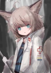 Rule 34 | 1girl, ahoge, animal ear fluff, animal ears, arknights, blue dress, blue eyes, brown hair, dress, gloves, highres, holding, jacket, looking at viewer, open clothes, open jacket, parted lips, piennamekuzi, solo, sussurro (arknights), tail, upper body, white gloves, white jacket