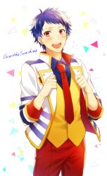 Rule 34 | 1boy, :d, adjusting clothes, blue hair, blush, cowboy shot, flying sweatdrops, ichijou shin, idol, jacket, king of prism by prettyrhythm, looking at viewer, male focus, necktie, open clothes, open jacket, open mouth, pants, patterned background, pretty series, pretty rhythm, red eyes, red necktie, shiron (shiro n), smile, solo, song name, waistcoat