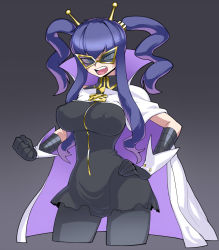 Rule 34 | 1girl, antennae, bad id, bad pixiv id, breasts, cape, character request, clenched hand, covered erect nipples, cowboy shot, cropped legs, dress, glasses, hand on own hip, high collar, highres, impossible clothes, impossible dress, kureson (medarot), large breasts, medarot, open mouth, pantyhose, short dress, skirt drape, solo, spacezin, sunglasses, sweatdrop, tinted eyewear, twintails