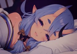 Rule 34 | 1girl, :d, bad id, bad pixiv id, bare shoulders, black choker, black hair, blanket, blue hair, blurry, blurry background, blush, breasts, choker, cleavage, closed eyes, depth of field, fang, half-closed eyes, horns, indoors, japanese clothes, long hair, long sleeves, looking at viewer, lunch (shin new), lying, medium breasts, mole, mole under mouth, multicolored hair, nijisanji, on bed, on side, open mouth, pillow, pink eyes, pointy ears, rindou mikoto, short eyebrows, sidelocks, skin-covered horns, smile, solo, streaked hair, thick eyebrows, virtual youtuber, wide sleeves