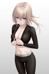 Rule 34 | 1girl, absurdres, alternate costume, black jacket, black leggings, black pants, blonde hair, blue eyes, breasts, cleavage, closed mouth, collarbone, commentary, constantine-xii, cropped jacket, feet out of frame, girls&#039; frontline, hands on own chest, highres, jacket, leggings, light blush, long hair, long sleeves, looking at viewer, medium breasts, navel, pants, scar-h (girls&#039; frontline), short ponytail, smile, solo, sportswear, standing, stomach, track jacket, white background, yoga pants