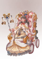 Rule 34 | 1girl, absurdres, alternate costume, blush, bow, bowtie, breasts, brown eyes, brown hair, cleavage, cleavage cutout, closed mouth, clothing cutout, commentary request, cookie (touhou), cross, d tomoki, dress, frilled bow, frilled dress, frills, full body, gold dress, grey background, hair bow, hair tubes, hakurei reimu, highres, holding, holding staff, kanna (cookie), large breasts, long hair, long sleeves, looking at viewer, mixed-language commentary, pink bow, pregnant, red bow, simple background, sleeve, smile, solo, staff, throne, touhou, weighing scale, white dress