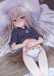 Rule 34 | 1girl, absurdres, bed, bed sheet, black shirt, blanket, blue hoodie, blush, bow, bow panties, closed mouth, clothes lift, elena trafalgar, eyebrows, female focus, glasses, grey hair, hair between eyes, hands on own stomach, hands on stomach, highres, hood, hoodie, hoodie lift, hot, ikune juugo, long hair, looking at viewer, lying, messy hair, no pants, nose blush, on back, on bed, original, own hands together, panties, pillow, red eyes, shirt, shirt lift, short sleeves, smile, solo, sweat, thigh gap, thighs, underwear, white panties