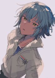 Rule 34 | 1boy, black pants, blue hair, blue shirt, half updo, highres, jacket, jewelry, light blue hair, long sleeves, looking at viewer, mahoutsukai no yakusoku, necklace, nero turner, pants, parted lips, piza-chan, shirt, short ponytail, sketch, solo, white background, white jacket, yellow eyes