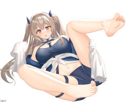 Rule 34 | 1girl, anchorage (azur lane), artist name, azur lane, barefoot, blue coat, blue shorts, breasts, coat, crossed bangs, feet, foot focus, foreshortening, heart, heart-shaped pupils, highres, large breasts, legs, light brown hair, long hair, luoloo, micro shorts, navel, neckwear between breasts, off-shoulder jacket, off shoulder, shorts, simple background, soles, solo, symbol-shaped pupils, thigh strap, toes, twintails, very long sleeves, white background