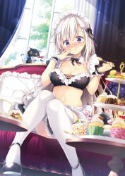 Rule 34 | 1girl, :t, animal, apron, black footwear, black skirt, blush, bow, bowtie, breasts, cat, chaise longue, cleavage, crop top, cup, cupcake, curtains, dengeki moeou, detached collar, food, frilled skirt, frills, glint, hair ornament, hairclip, hands up, highres, holding, holding spoon, indoors, large breasts, long hair, looking at viewer, macaron, maid, maid apron, maid headdress, mary janes, midriff, miniskirt, navel, nose blush, original, pillow, purple eyes, shoes, short sleeves, sitting, skirt, solo, spoon, stomach, suzushiro atsushi, table, teacup, thighhighs, tiered tray, waist apron, wet, white hair, white thighhighs, window, wrist cuffs