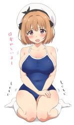 Rule 34 | 1girl, beret, black ribbon, blue one-piece swimsuit, blush, breasts, brown hair, collarbone, competition school swimsuit, hair ribbon, hat, headband, highres, large breasts, looking at viewer, maehara nina, ochikobore fruit tart, one-piece swimsuit, open mouth, red eyes, ribbon, school swimsuit, short hair, simple background, sincos, sitting, socks, solo, swimsuit, thighs, translated, wariza, white background, white headband