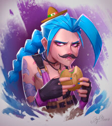 Rule 34 | 1girl, absurdres, angelmoonlight, arm tattoo, artist name, bare shoulders, black gloves, burger, eating, fake facial hair, fake mustache, fingerless gloves, food, gloves, green hair, green nails, hat, highres, holding, holding food, jinx (league of legends), league of legends, long hair, multi-tied hair, nail polish, pink eyes, red nails, solo, sombrero, tattoo, twintails, upper body