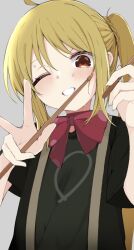 Rule 34 | 1girl, ahoge, black shirt, blonde hair, blush, bocchi the rock!, bow, bowtie, commentary request, commission, drumsticks, grey background, highres, holding, holding drumsticks, ijichi nijika, long hair, looking at viewer, mushoku loli, one eye closed, polka dot bowtie, red bow, red bowtie, red eyes, shirt, short sleeves, side ponytail, simple background, skeb commission, solo, sweat, upper body, w