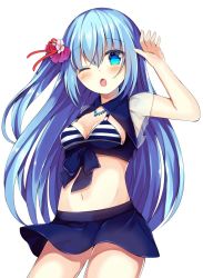 Rule 34 | 1girl, ;o, armpits, bare arms, bare shoulders, beads, blue eyes, blue hair, blue ribbon, blue skirt, blush, breasts, cleavage, cowboy shot, crop top, flower, hair between eyes, hair flower, hair ornament, hand up, long hair, looking at viewer, maki soutoki, midriff, miniskirt, navel, one eye closed, one side up, open mouth, original, ribbon, simple background, skirt, small breasts, solo, standing, striped, thighs, white background, white flower