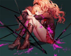 Rule 34 | 10s, 1girl, aqua eyes, ask (askzy), ass, blonde hair, blood, boots, breasts, cleavage, cross-laced footwear, danganronpa (series), danganronpa: trigger happy havoc, enoshima junko, full body, hair ornament, high heel boots, high heels, knee boots, lace-up boots, hugging own legs, legs, long hair, long legs, medium breasts, miniskirt, nail polish, pink blood, polearm, school uniform, shoe soles, sitting, skirt, sleeves rolled up, solo, spear, spoilers, thighs, twintails, weapon