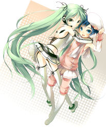 Rule 34 | 1boy, 1girl, bad id, bad pixiv id, beret, blue eyes, blue hair, cosplay, crossdressing, detached sleeves, garter straps, green eyes, green hair, hat, hatsune miku, hatsune miku (cosplay), headphones, headset, jikunyaga, kaito (vocaloid), long hair, project diva (series), project diva 2nd, short hair, skirt, smile, thighhighs, trap, twintails, very long hair, vocaloid, voice (vocaloid), zettai ryouiki