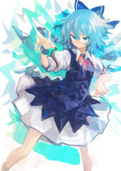 Rule 34 | 1girl, absurdres, blue bow, blue dress, blue eyes, blue hair, bow, cirno, closed mouth, detached wings, dress, fairy, feet out of frame, hair between eyes, hair bow, highres, ice, ice wings, kaamin (mariarose753), puffy short sleeves, puffy sleeves, short hair, short sleeves, solo, touhou, white dress, wings