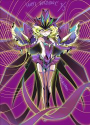 Rule 34 | 1girl, blonde hair, blue eyes, capelet, carol malus dienheim, clothing cutout, dated, elbow gloves, garter straps, gloves, happy birthday, highres, long hair, looking at viewer, mole, mole under eye, senki zesshou symphogear, shiny skin, side cutout, sideless outfit, solo, standing, thighhighs, wire, yoshii dan