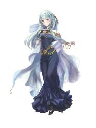 Rule 34 | 1girl, bare shoulders, blue hair, cape, dress, fire emblem, fire emblem: the blazing blade, fire emblem heroes, full body, hair ornament, highres, long hair, looking at viewer, ninian, nintendo, official alternate costume, red eyes, smile, solo, yuhkirby