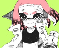 Rule 34 | 1girl, bandaid, bandaid on face, closed mouth, crying, crying with eyes open, green background, headgear, highres, holding, holding water gun, inkling, inkling girl, inkling player character, jacket, looking at viewer, nintendo, pink hair, pointy ears, sanfish 72, short hair, splatoon (series), tank top, tears, tentacle hair, upper body, water gun