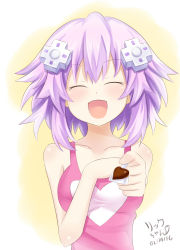 Rule 34 | 10s, 1girl, absurdres, blush, candy, chocolate, chocolate heart, d-pad, food, gift, hair ornament, heart, highres, holding, holding gift, hoshizora rick, incoming gift, neptune (neptunia), neptune (series), open mouth, purple hair, smile, solo, valentine
