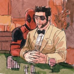 2boys beard bodysuit bow bowtie brown_hair closed_mouth commentary_request cup deadpool deadpool_&amp;_wolverine deadpool_(series) eyepatch facial_hair formal gloves highres indoors interlocked_fingers jacket long_sleeves looking_to_the_side male_focus marvel marvel_cinematic_universe mask mature_male multiple_boys muscular muscular_male own_hands_together red_bodysuit shirt short_hair sitting suit translation_request white_shirt wolverine_(x-men) x-men yo_ko_(kkk1211mmm)