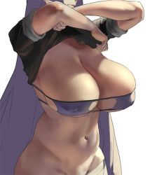 Rule 34 | 1girl, arms up, bikini, black shirt, breasts, cleavage, clothes lift, commentary, curvy, eu03, eyepatch bikini, fate/grand order, fate (series), groin, head out of frame, hip focus, huge breasts, long hair, minamoto no raikou (fate), minamoto no raikou (fate/grand order), minamoto no raikou (swimsuit lancer) (fate), minamoto no raikou (swimsuit lancer) (second ascension) (fate), navel, no panties, parted bangs, purple bikini, purple hair, shirt, shirt lift, sideboob, solo, swimsuit, undressing, very long hair