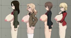 Rule 34 | 4girls, absurdres, ass, black hair, blonde hair, blue eyes, blush, bottomless, braid, breast hold, breasts, brown eyes, brown hair, bust chart, darjeeling (girls und panzer), from side, girls und panzer, highres, huge breasts, jacket, kay (girls und panzer), kuromorimine military uniform, lactation, large areolae, large nipples, long hair, multiple girls, nipples, nishizumi maho, nonna (girls und panzer), open clothes, open jacket, open mouth, paid reward available, pravda military uniform, pussy juice, saunders military uniform, short hair, st. gloriana&#039;s military uniform, standing, thighhighs, yasuoextuuuuuu