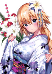 Rule 34 | 1girl, absurdres, blonde hair, blue eyes, blush, breasts, fate/grand order, fate (series), fingernails, floral print, flower, hair flower, hair ornament, highres, japanese clothes, jeanne d&#039;arc (fate), jeanne d&#039;arc (ruler) (fate), kimono, long hair, looking at viewer, mataro (matarou), medium breasts, obi, sash, scan, simple background, smile, solo, upper body, white background, wide sleeves