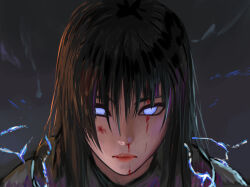 Rule 34 | 1girl, alternate hairstyle, apex legends, bad id, bad pixiv id, black hair, black scarf, black shirt, blood, blood on face, electricity, grey background, highres, long hair, looking at viewer, multicolored hair, nado (nrac4433), no pupils, nosebleed, portrait, purple eyes, purple hair, scarf, shirt, solo, streaked hair, wraith (apex legends)